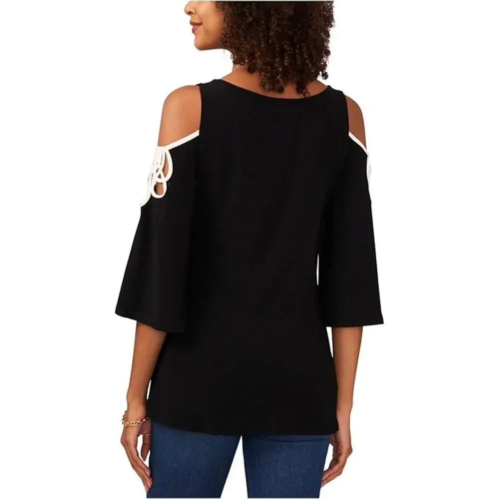 Vince Camuto Black Top with Strappy Flare Sleeves - Picture 5 of 13